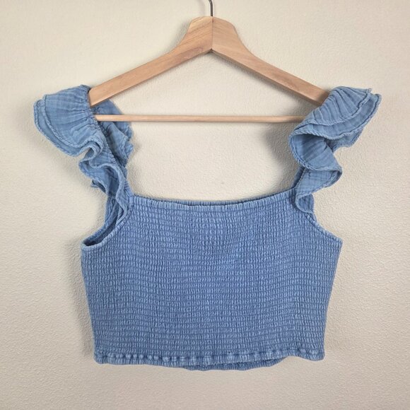 Z Supply Hera Gauze Chambray Crop Top Size M Blue Stretch Ruffle Sleeve NEW - Picture 4 of 8